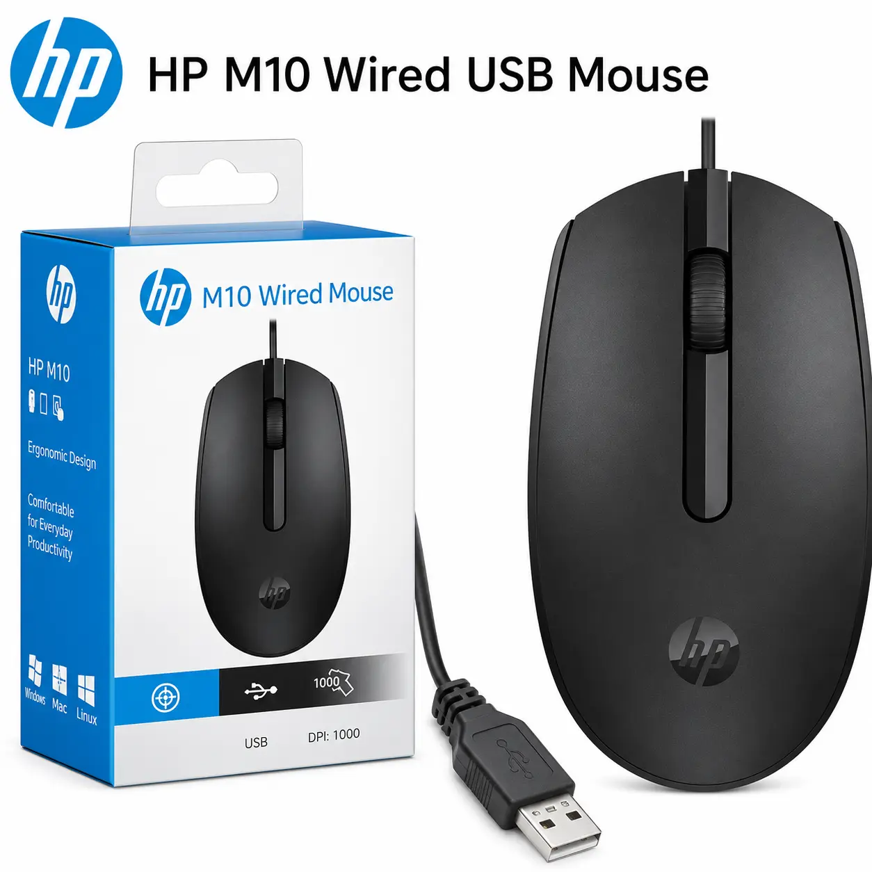 HP M10 Wired USB Mouse 1000 DPI โ Ergonomic Plug & Play Optical Mouse for PC, Laptop & Desktop โ COOLNEXT INDIA